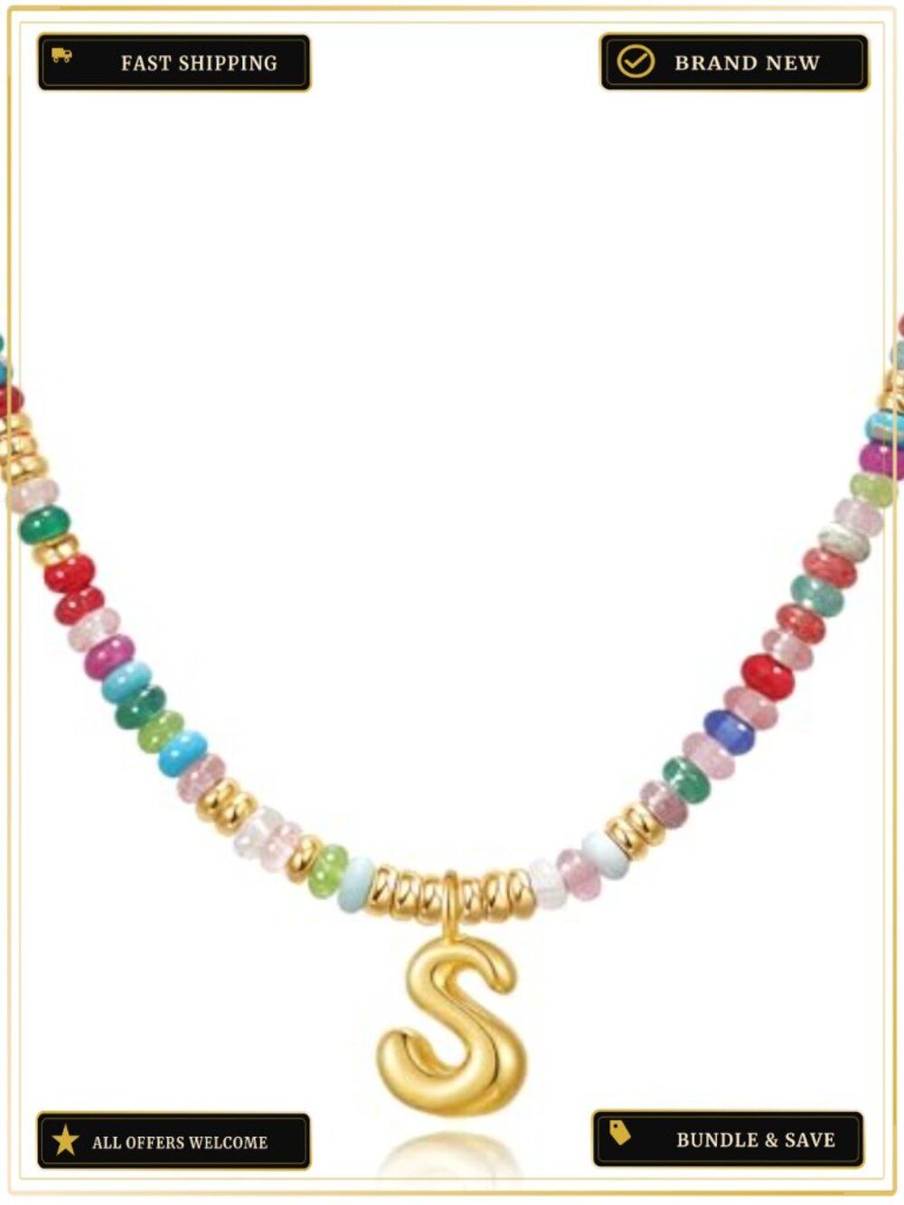 Natural Stone Initial Choker Necklace, 14k Gold Plated Bubble Letter Pendant,